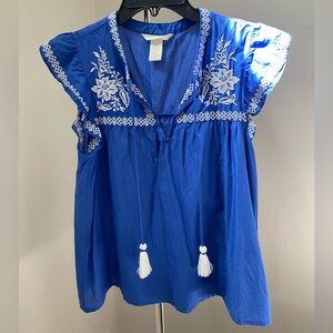 H&M Royal Blue Blouse with White Embroidery
